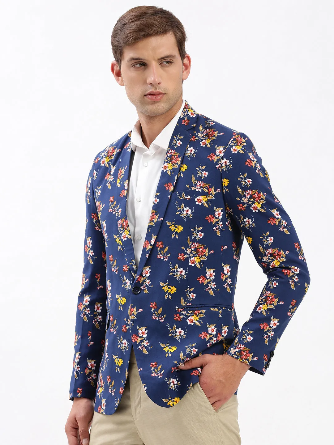 Men Notched Lapel Printed Navy Blue Blazer