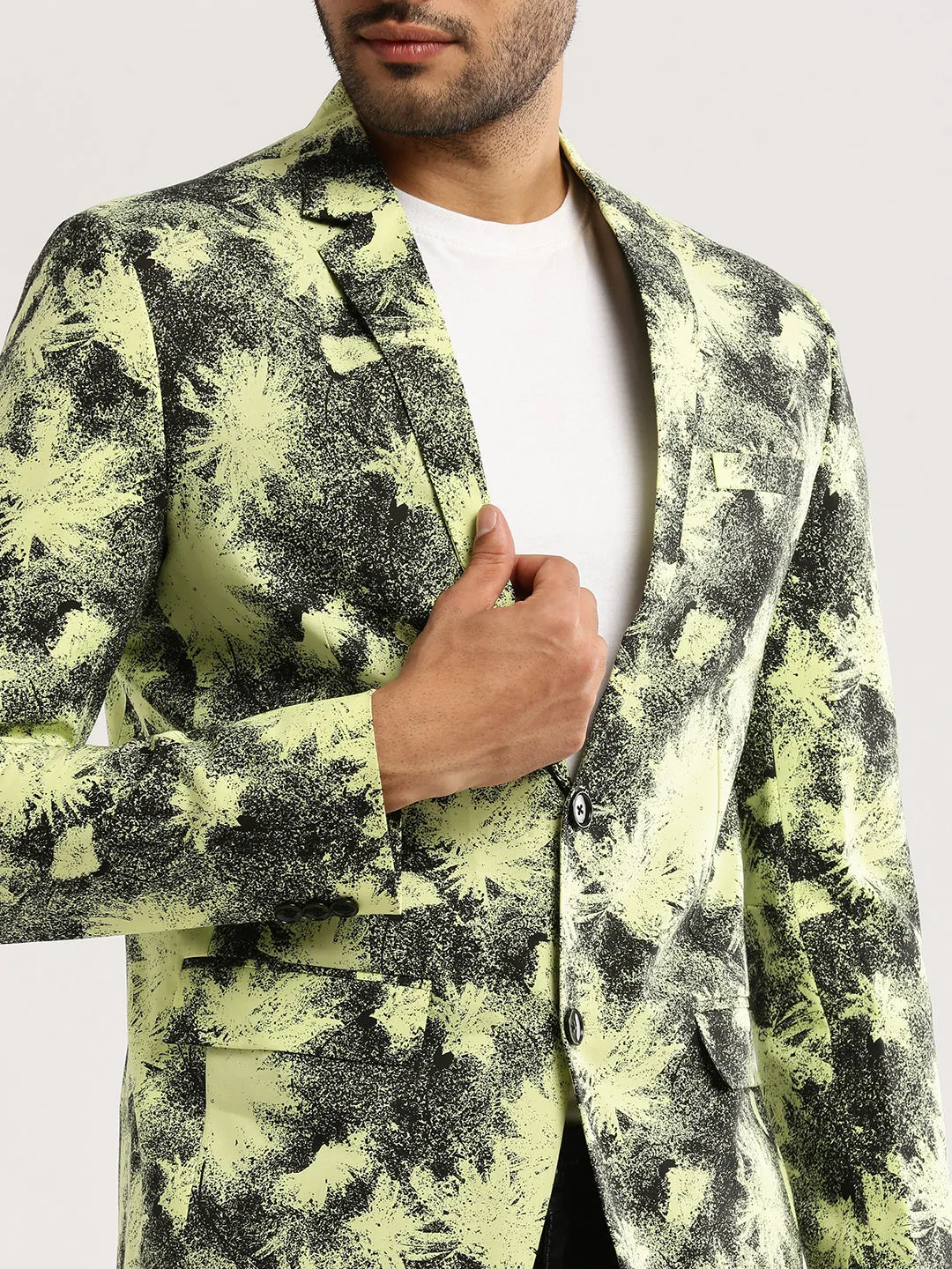 Men Yellow Printed Notched Lapel Blazer