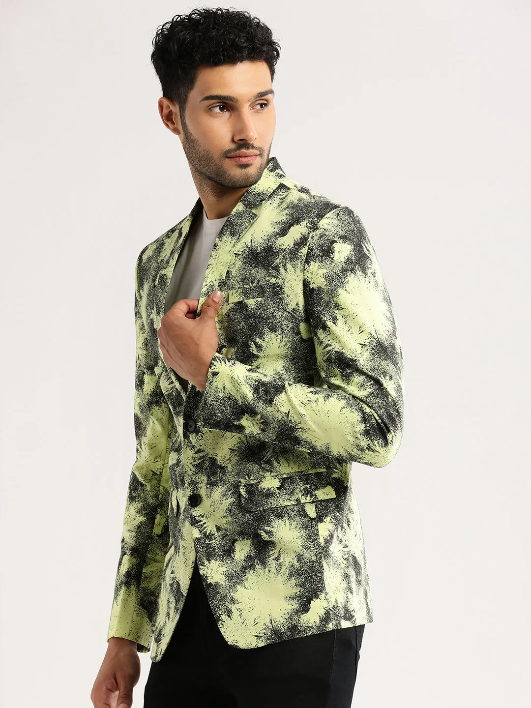 Men Yellow Printed Notched Lapel Blazer