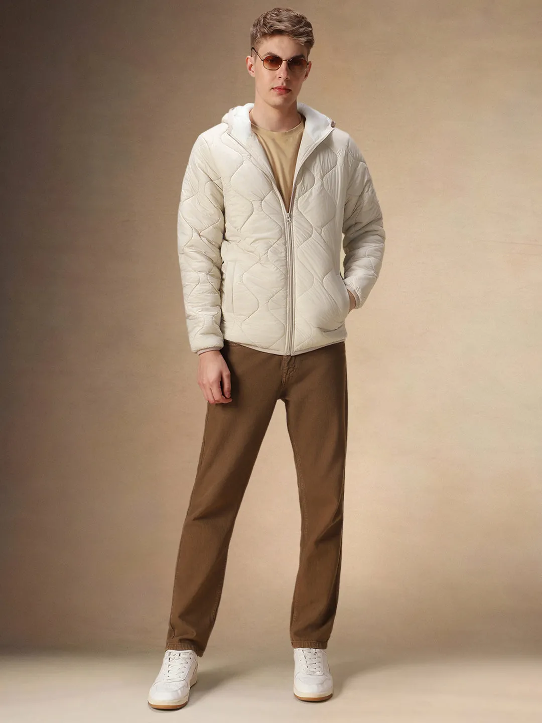 Men's Solid Beige Quilted Full Sleeves Hooded Puffer Jacket