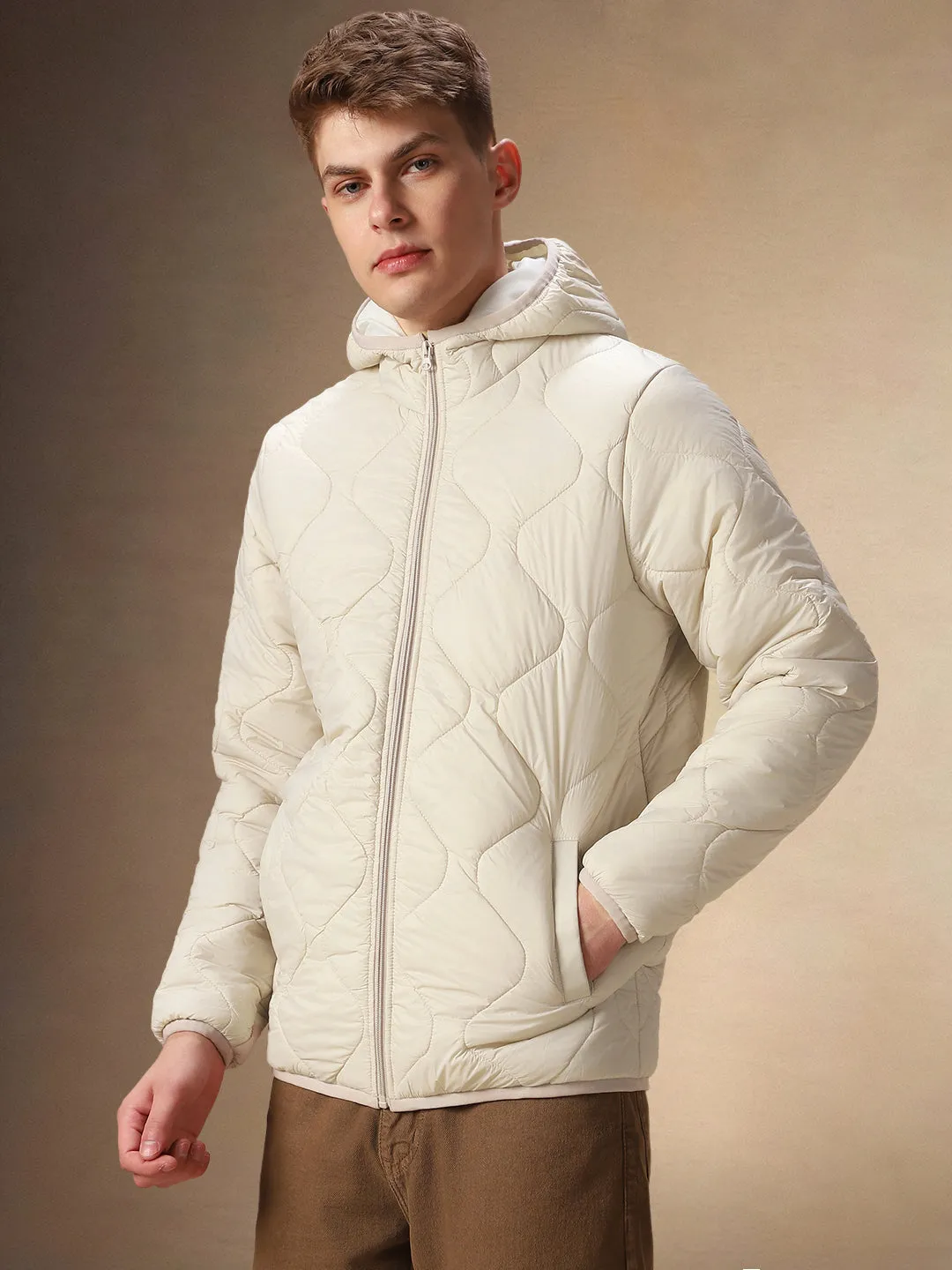 Men's Solid Beige Quilted Full Sleeves Hooded Puffer Jacket