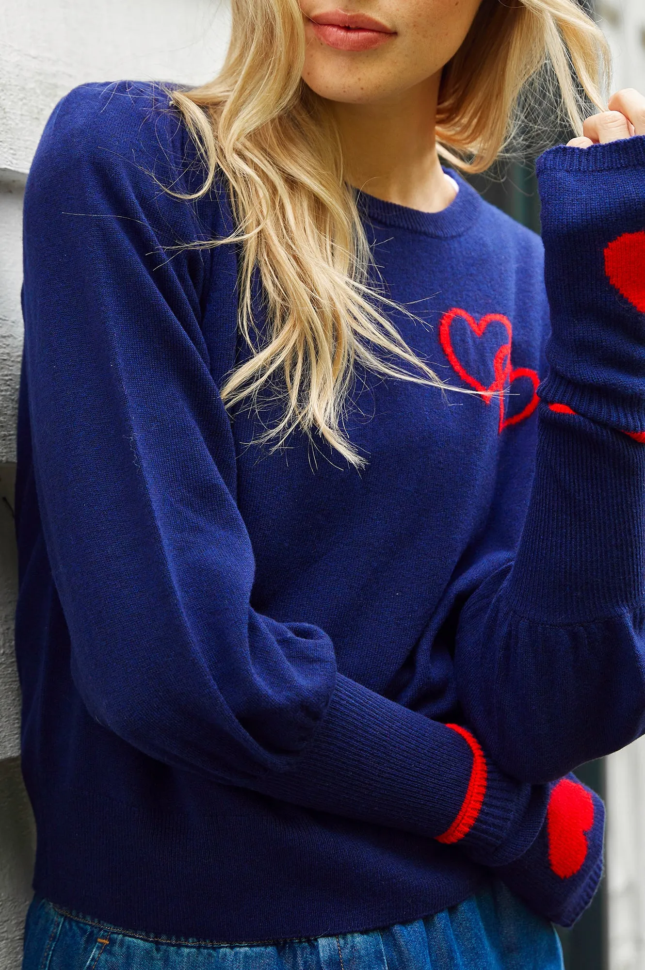 Merino Wool Hearts Crew Neck Jumper | Navy/Red