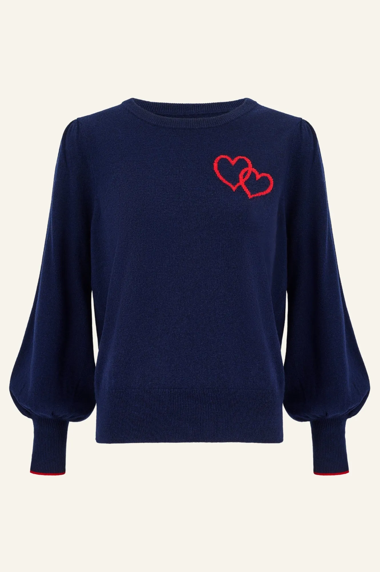 Merino Wool Hearts Crew Neck Jumper | Navy/Red