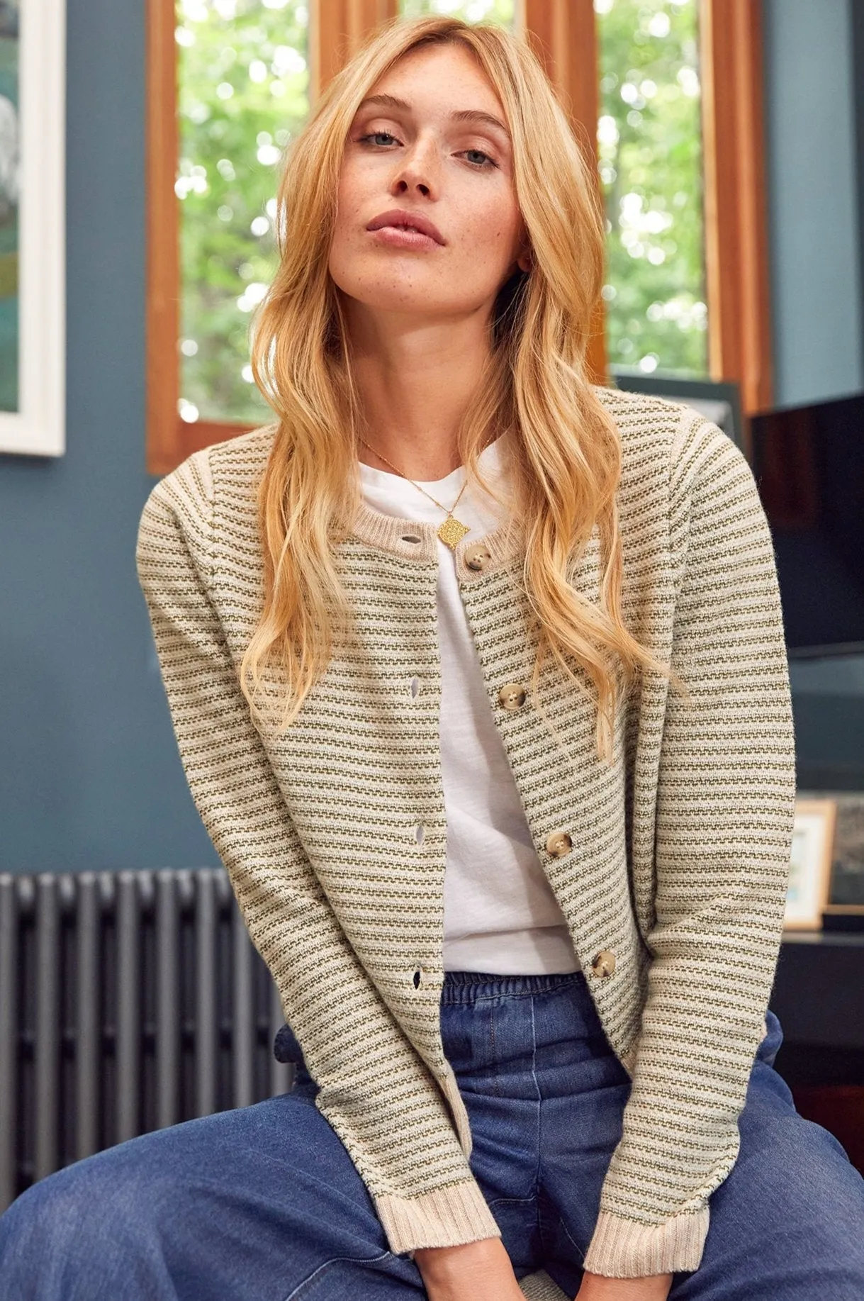 Merino Wool Jacquard Brittany Cardigan | Detail Green/Natural