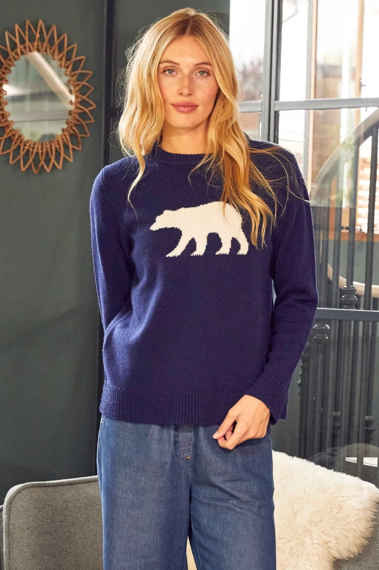 Merino Wool Polar Bear Jumper | Navy/Cream