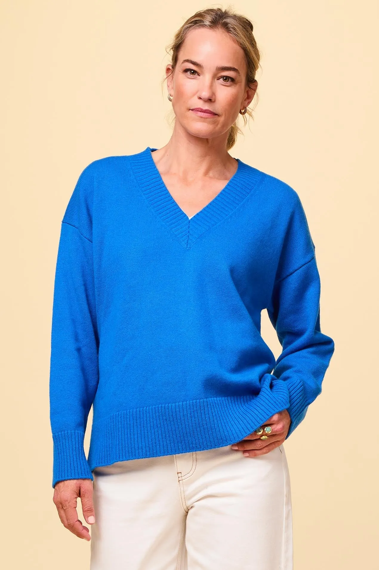 Merino Wool Relaxed V Neck Jumper | Blue