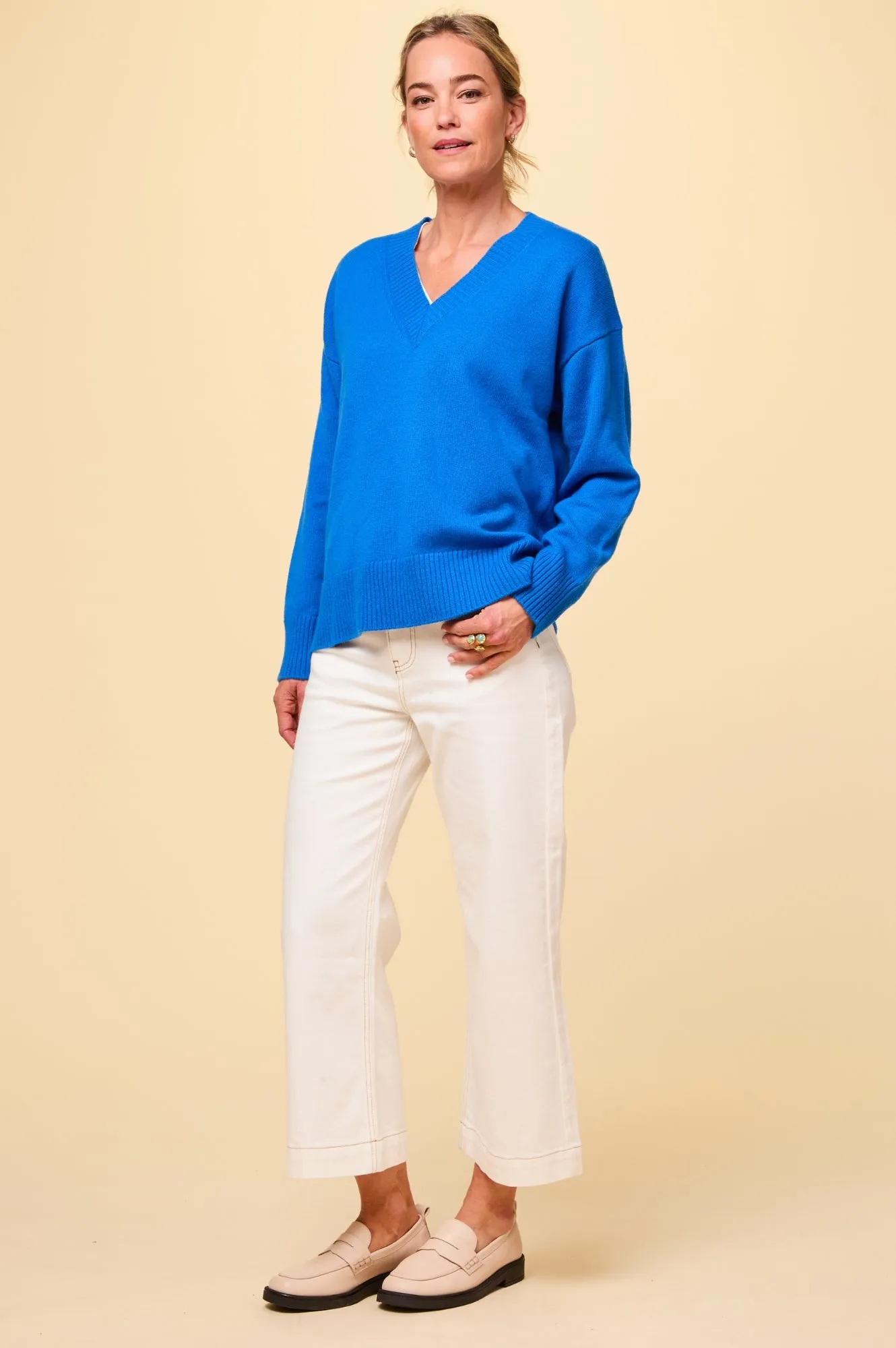 Merino Wool Relaxed V Neck Jumper | Blue