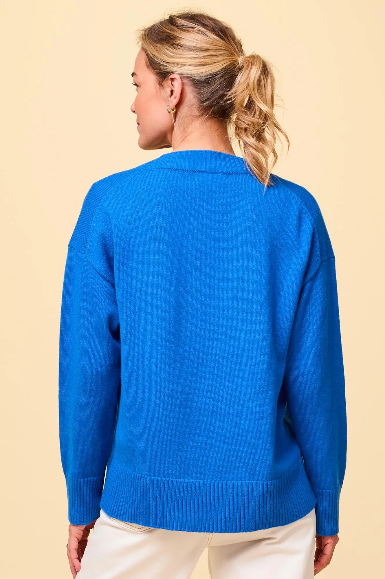 Merino Wool Relaxed V Neck Jumper | Blue