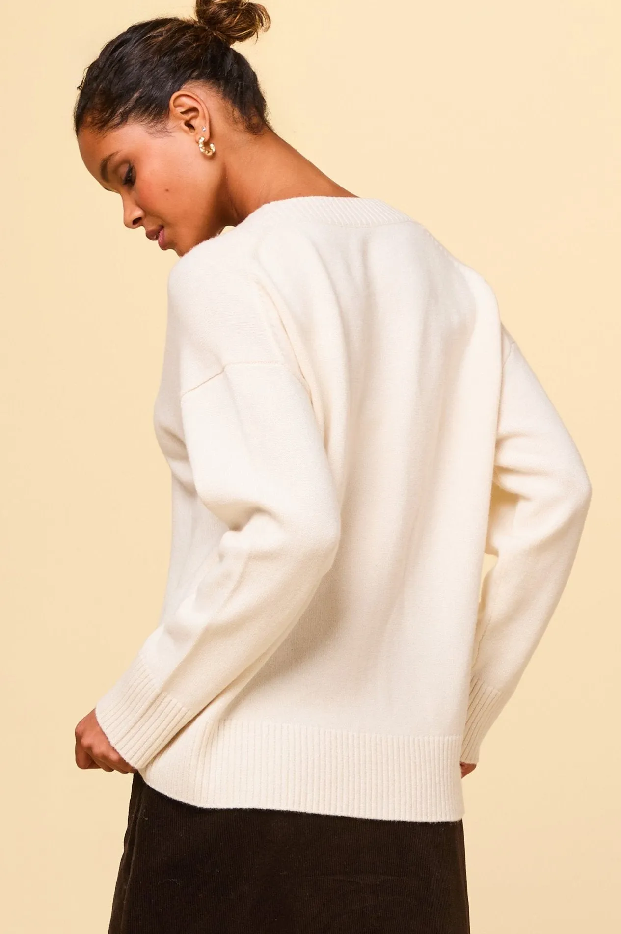 Merino Wool Relaxed V Neck Jumper | Cream