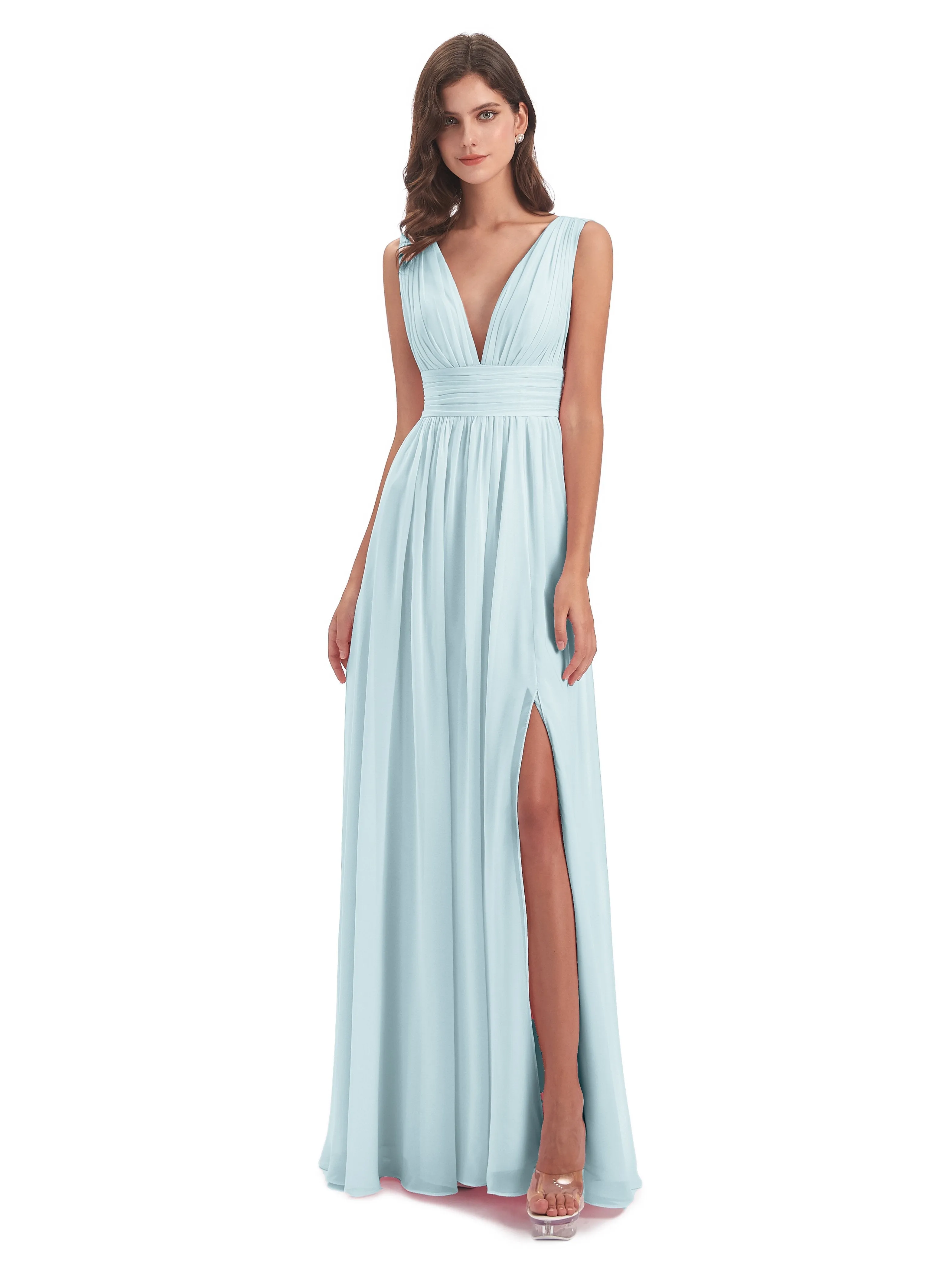 Mist Bridesmaid Dress Charming Chiffon V Neck Split Long Bridesmaid Dresses