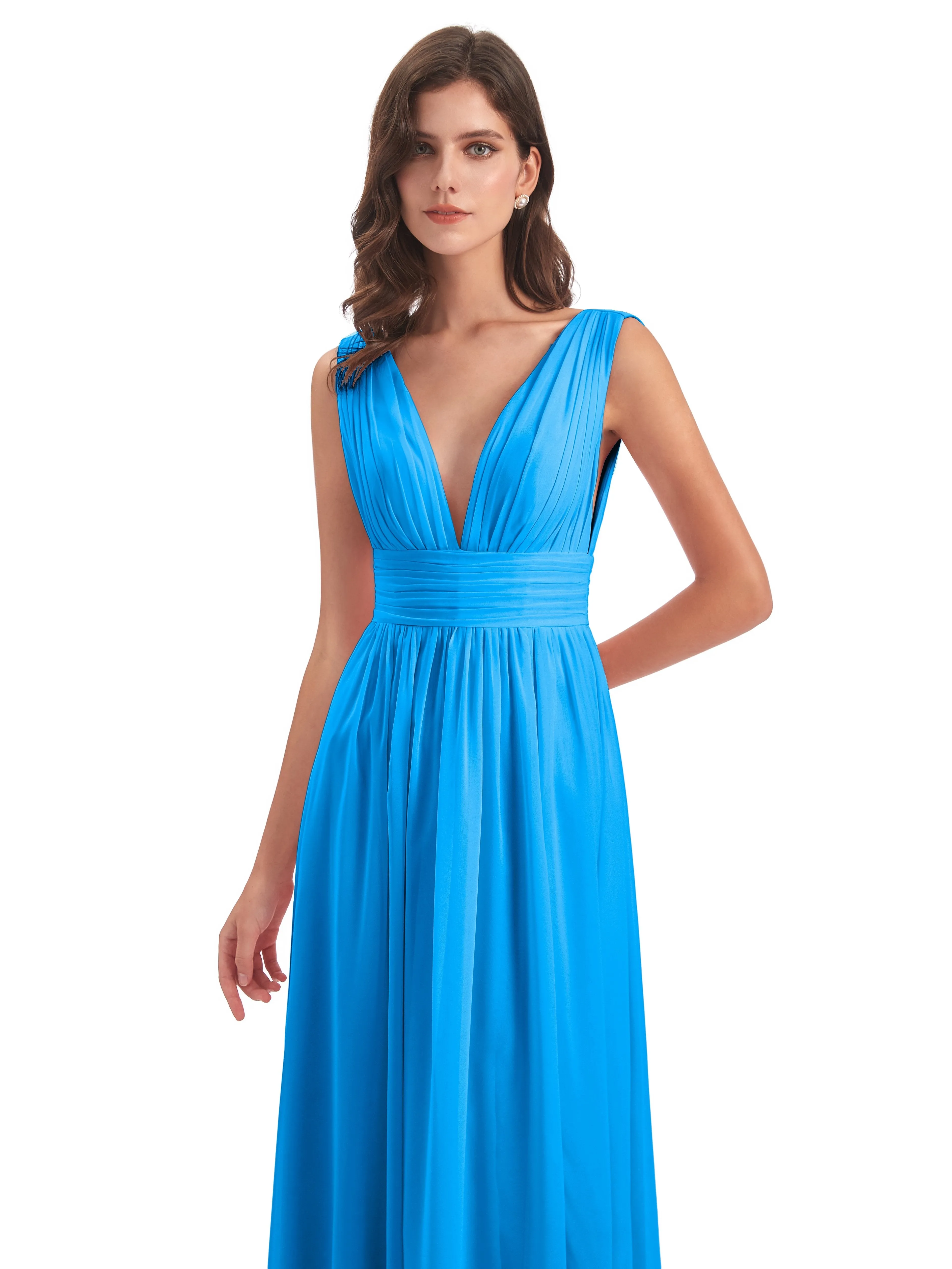 Ocean Blue Bridesmaid Dresses Charming Chiffon V Neck Split Long Bridesmaid Dresses