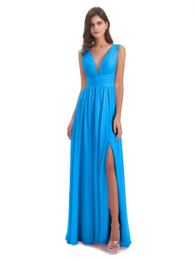 Ocean Blue Bridesmaid Dresses Charming Chiffon V Neck Split Long Bridesmaid Dresses