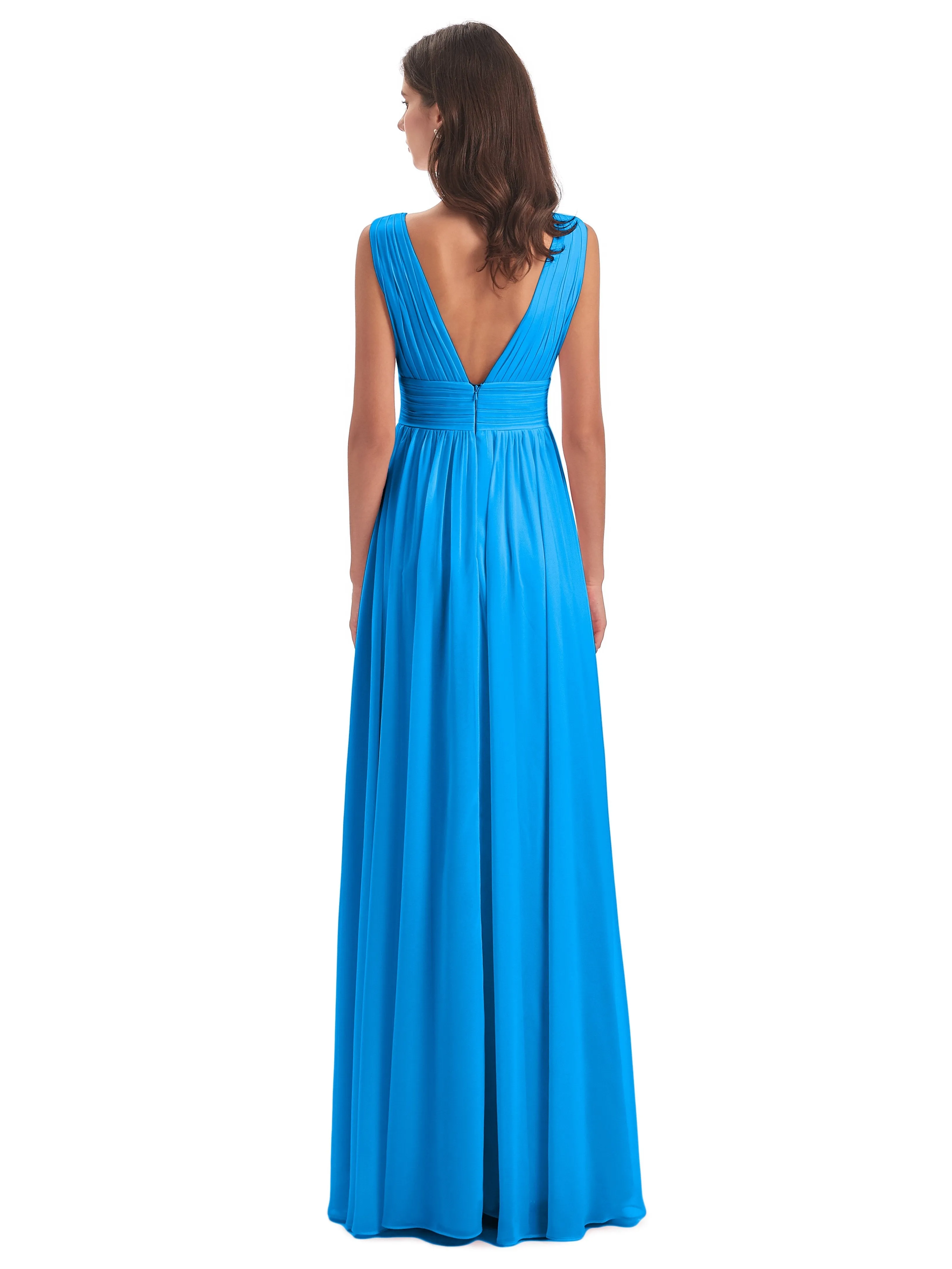 Ocean Blue Bridesmaid Dresses Charming Chiffon V Neck Split Long Bridesmaid Dresses