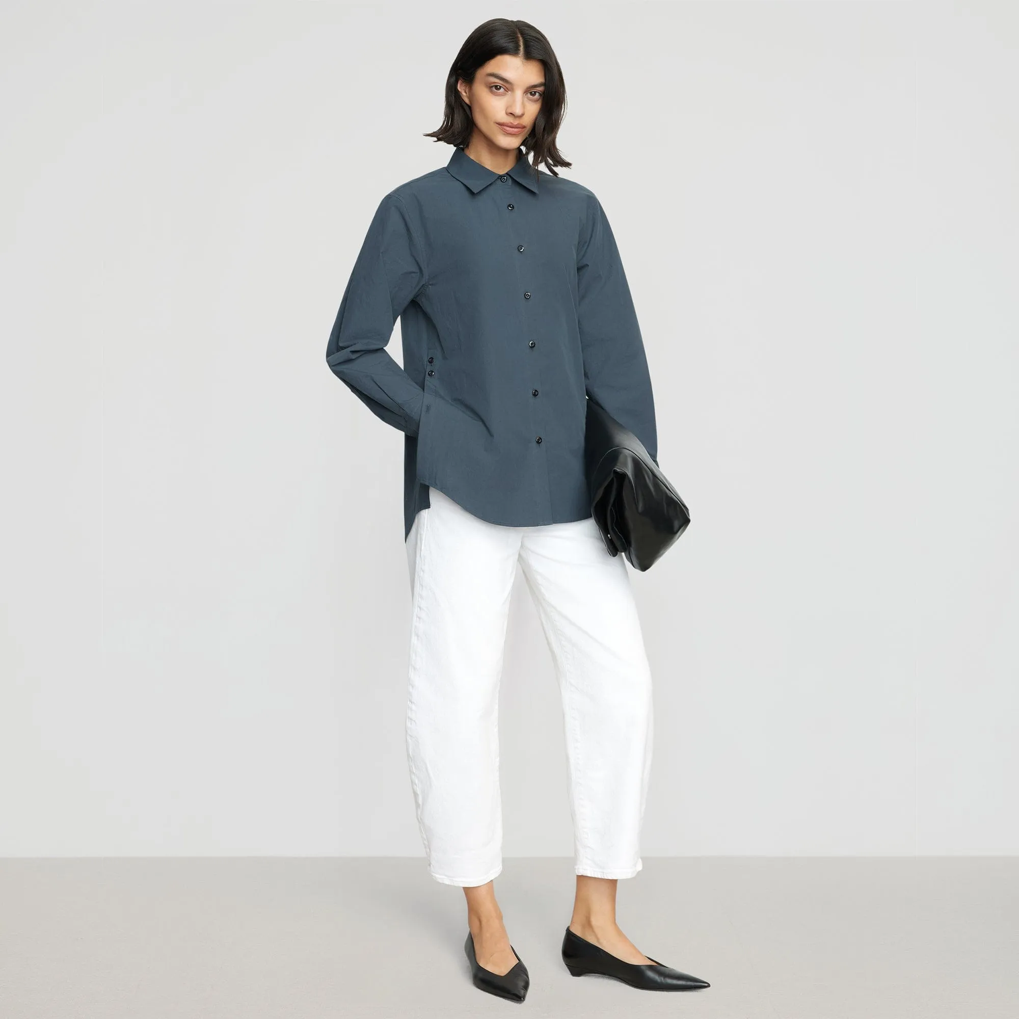 Phoebe Side-Button Tulip-Hem Shirt