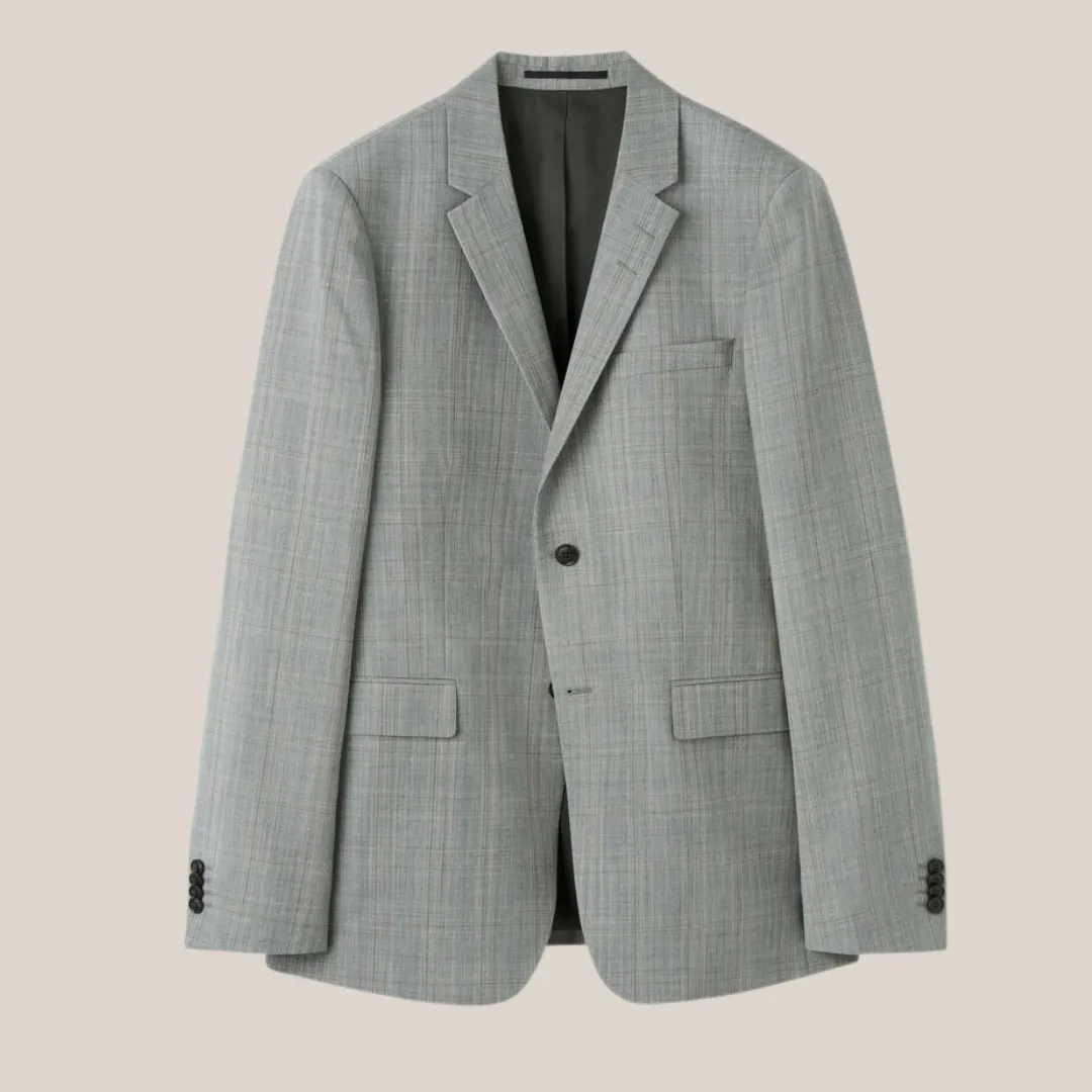 Plaid Check Wool Blend Blazer - Grey