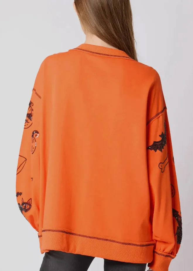 Plus Size Orange O Neck Sequins Cotton Sweatshirts Fall AE1040