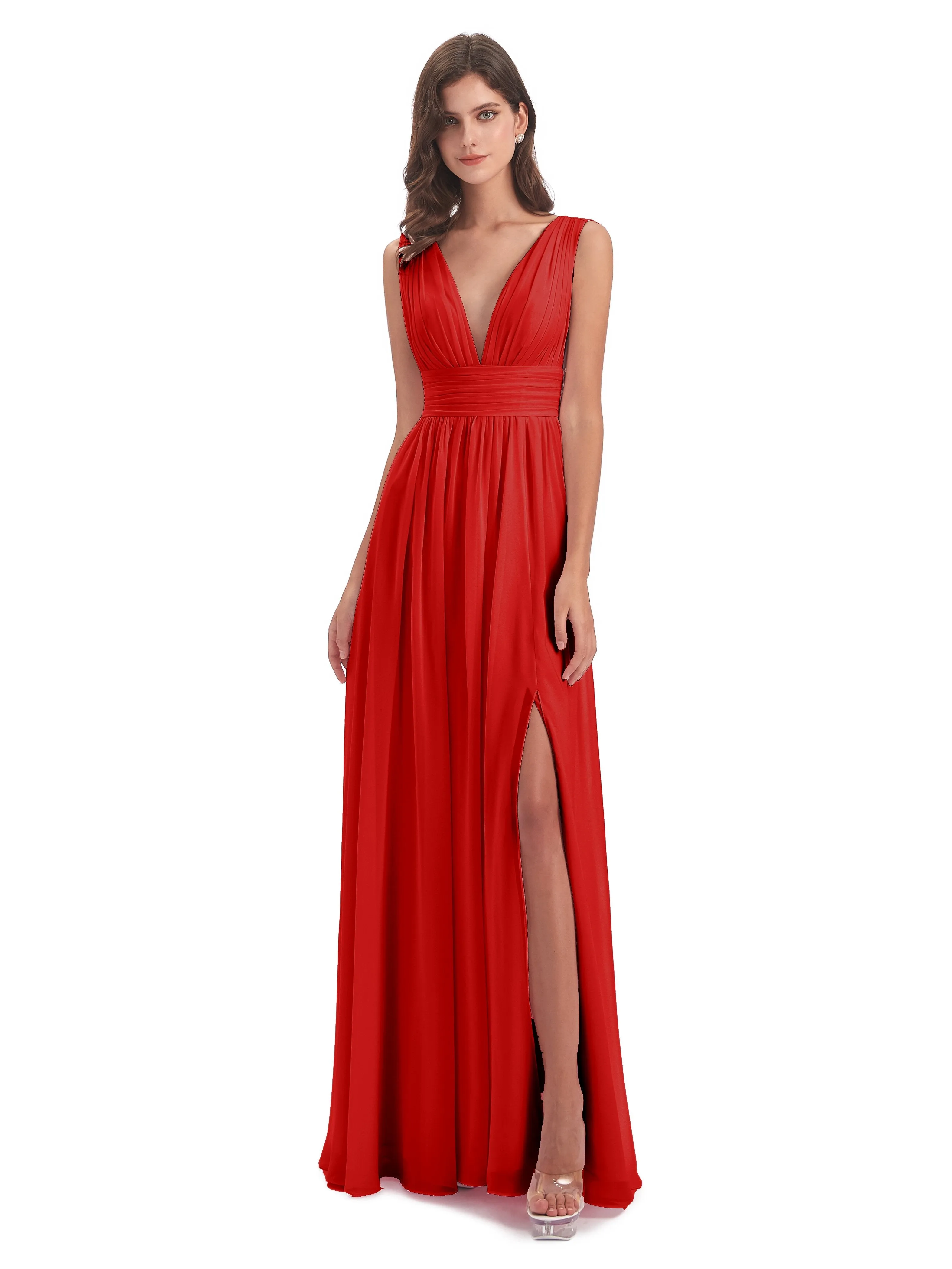 Red Chiffon Bridesmaid Dresses Charming Chiffon V Neck Split Long Bridesmaid Dresses