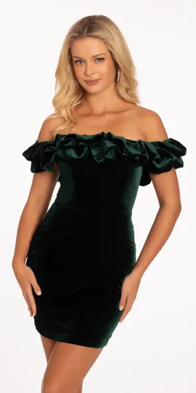 Ruffle Off the Shoulder Velvet Bodycon Dress