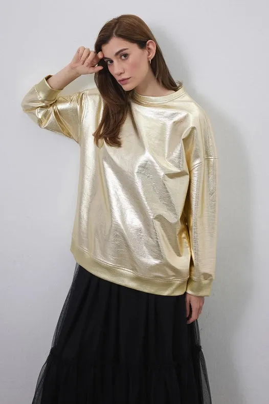 Shiny Coated Ribbed Sweatshirt Gold