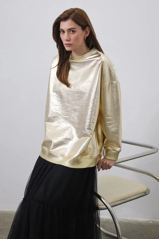 Shiny Coated Ribbed Sweatshirt Gold