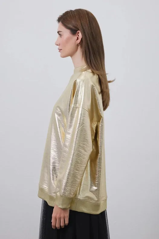 Shiny Coated Ribbed Sweatshirt Gold