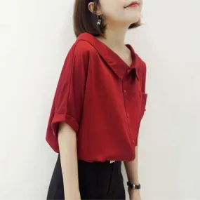 Short Sleeve Chiffon Blouse Summer Korean Fresh Looking Tops Loose Slim Look Doll Collar Shirt Blouse