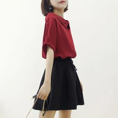 Short Sleeve Chiffon Blouse Summer Korean Fresh Looking Tops Loose Slim Look Doll Collar Shirt Blouse