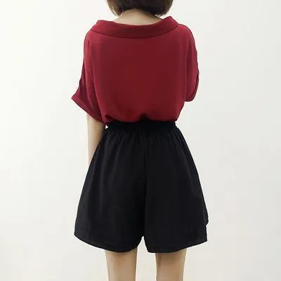 Short Sleeve Chiffon Blouse Summer Korean Fresh Looking Tops Loose Slim Look Doll Collar Shirt Blouse