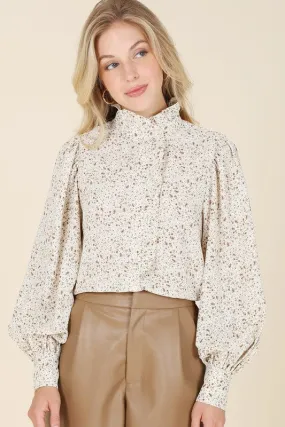 Stand Collar Floral Frill Blouse