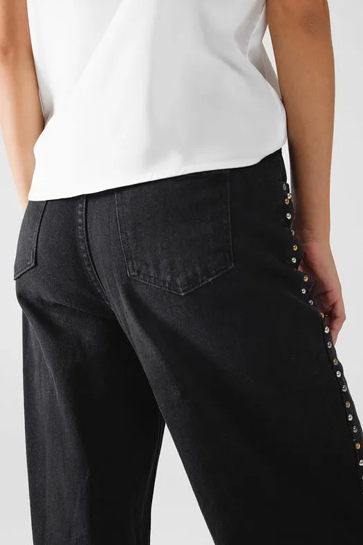 Straight Jeans with Stud Trim Details On the Sides in Black