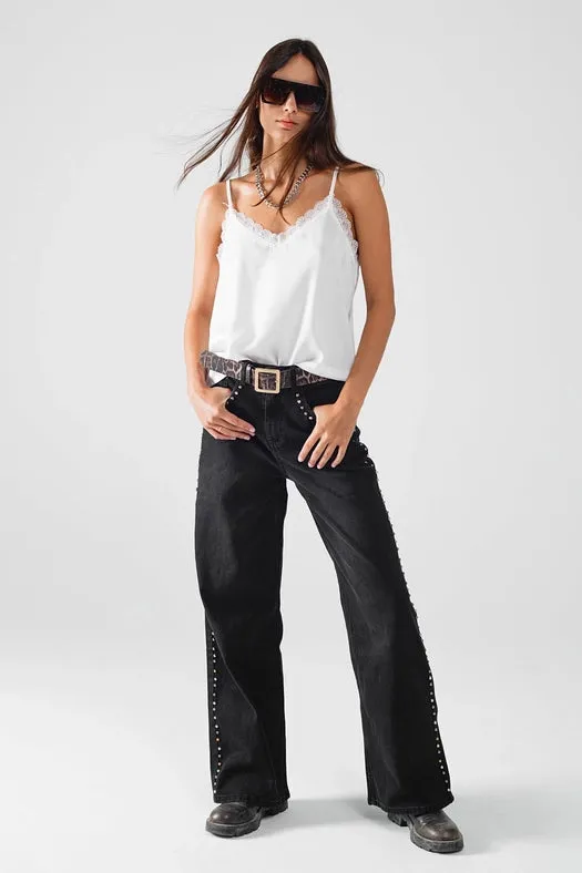 Straight Jeans with Stud Trim Details On the Sides in Black