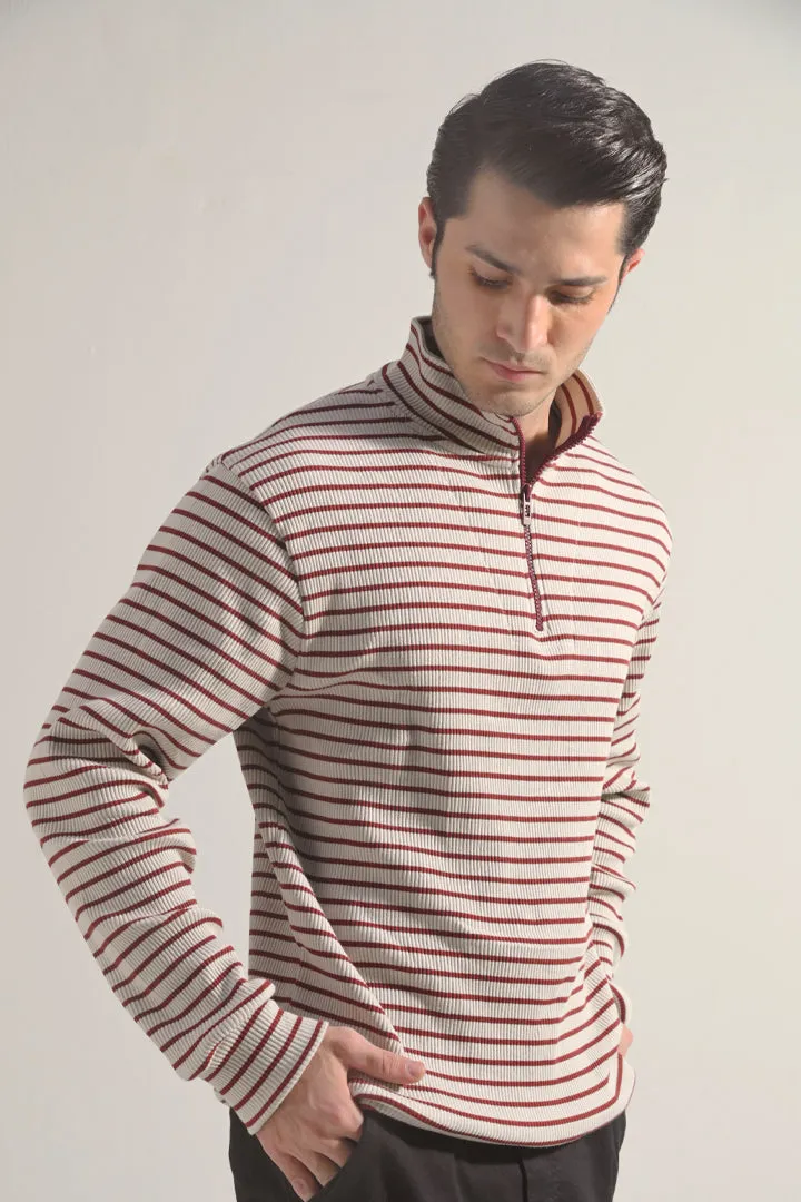 Striped Half Zipper Sweatshirt - Beige