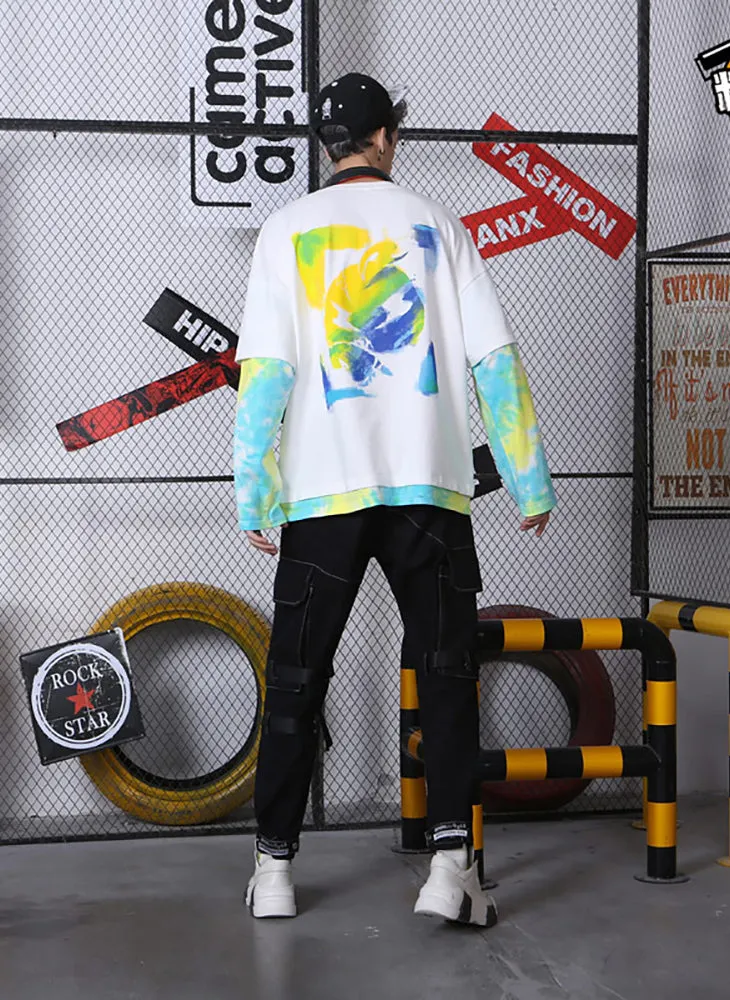 Stylish Tie Dye Print Tiered Patchwork Sweatshirt