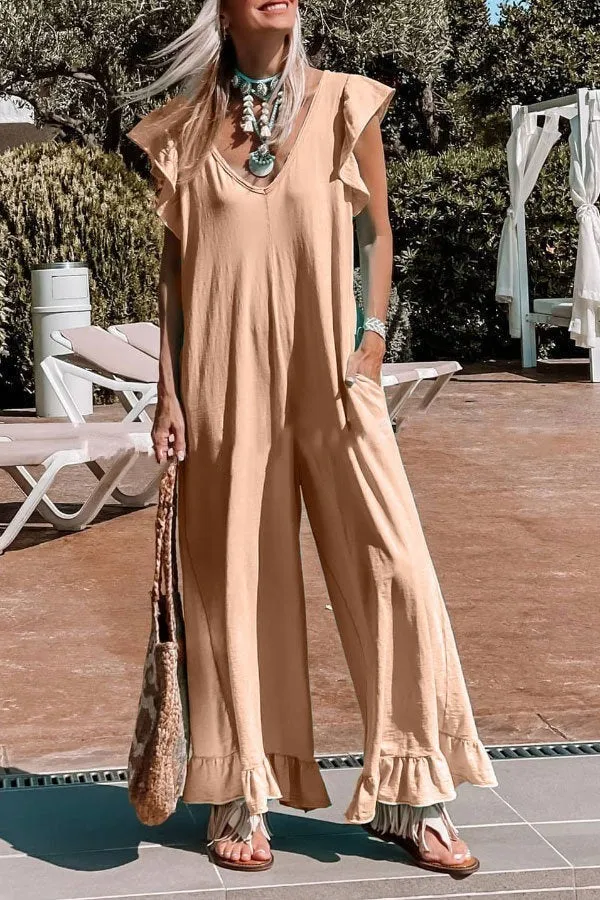 Summer Cozy V Neck Ruffle Jumpsuit