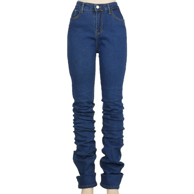 Trendy Blue High Waist Stacked Jeans