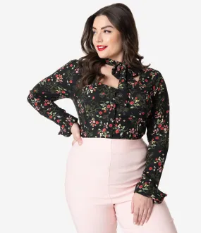 Unique Vintage Plus Size 1940s Black & Red Floral Neck Tie Fiona Blouse