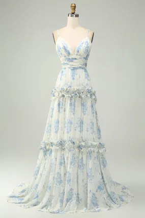 White Blue Flower A Line Long Tulle Maxi Dress with Ruffles