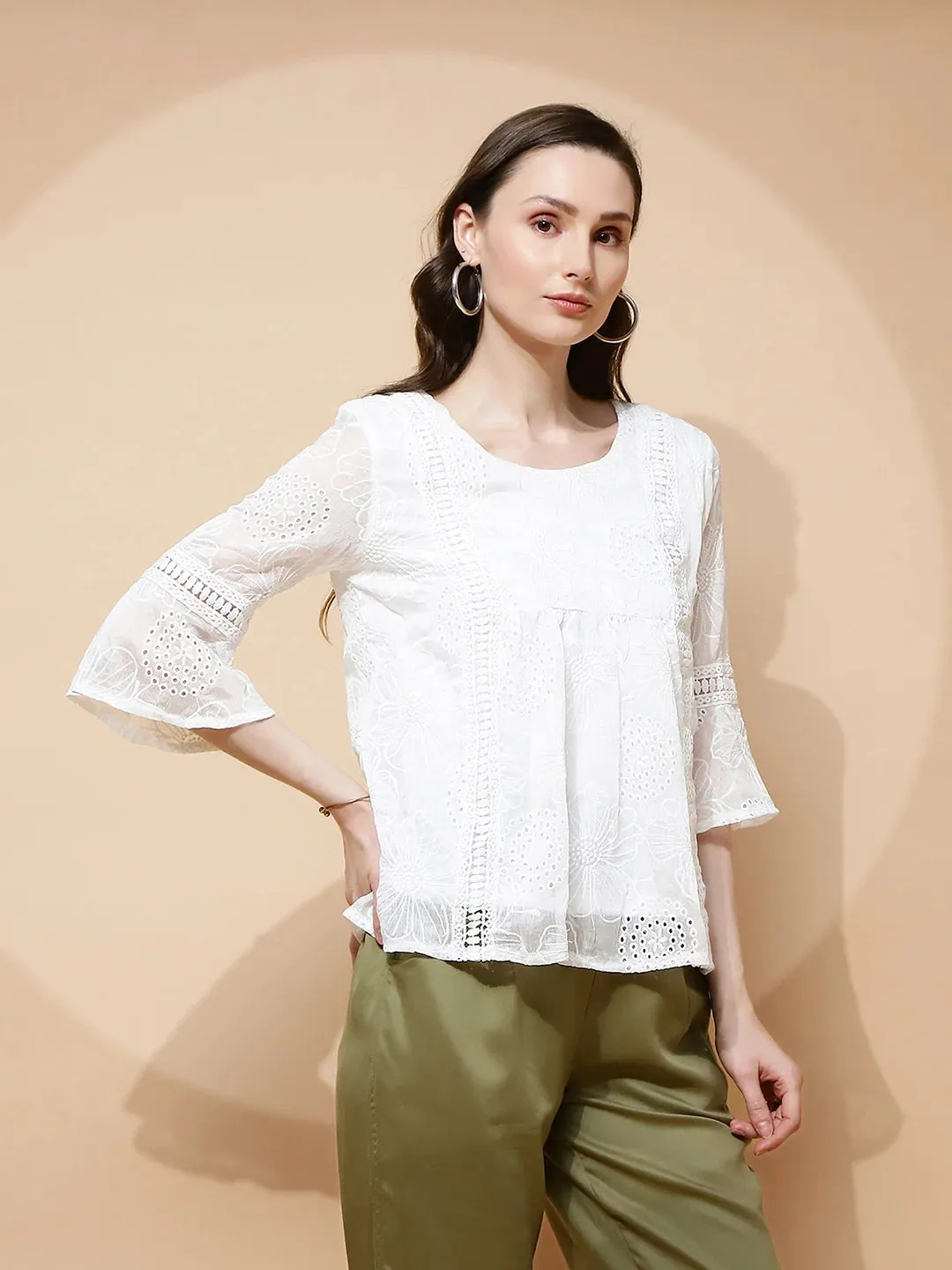 White Polyester Blend Regular Fit Blouse For Women