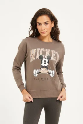 Women Brown Mickey Mouse Printed Sweatshirt