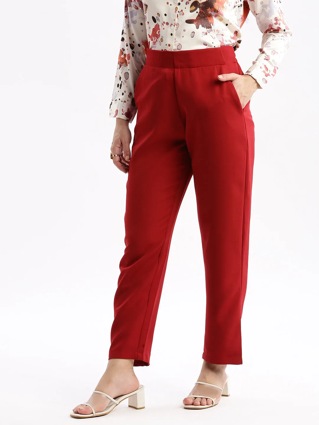 Women Flat Front Solid Maroon Formal Trousers