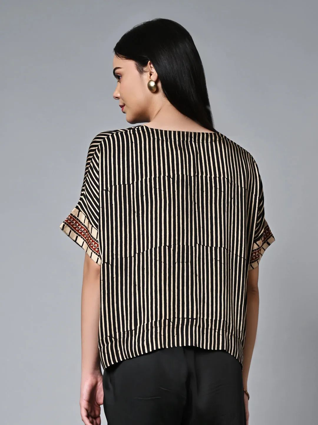 Women's Ajrak Hand Block Printed Boxy Fit Modal Black Blouse