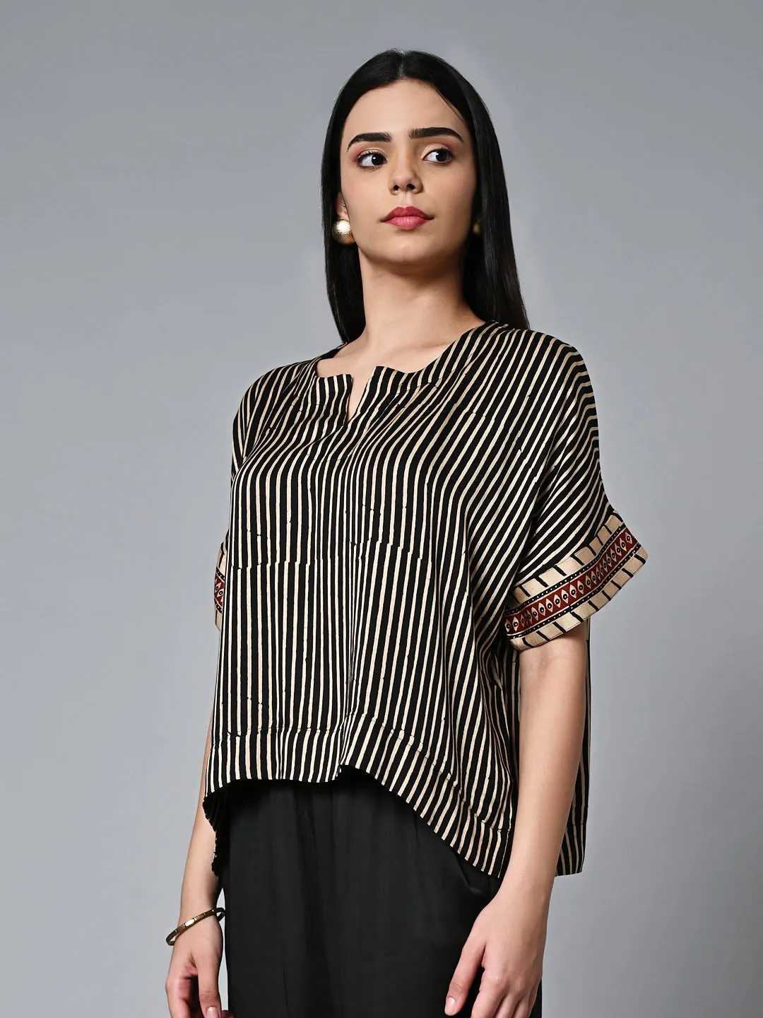 Women's Ajrak Hand Block Printed Boxy Fit Modal Black Blouse