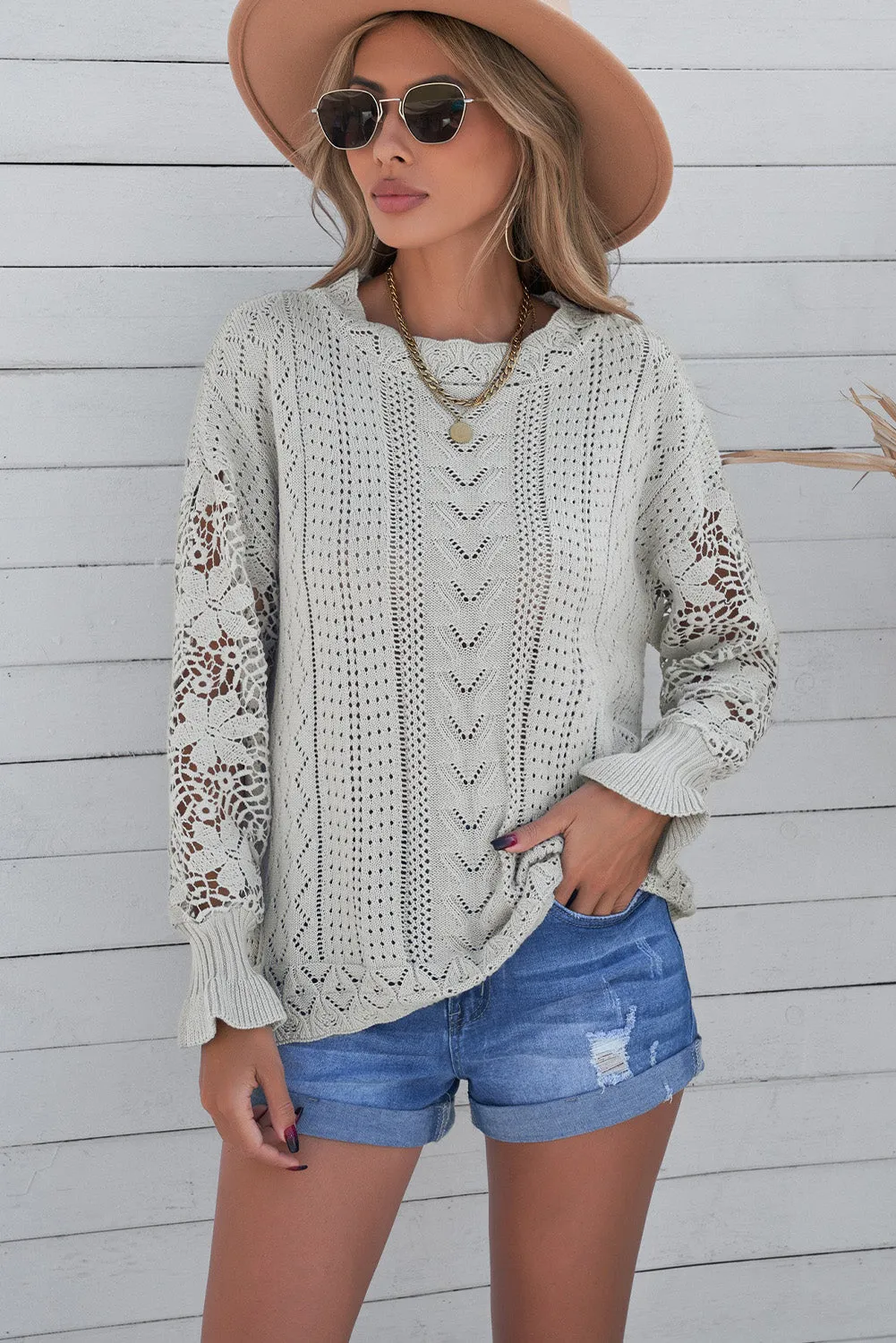 Women's Cozy Openwork Lantern Sleeve Sweater