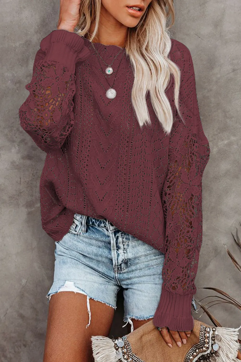 Women's Cozy Openwork Lantern Sleeve Sweater