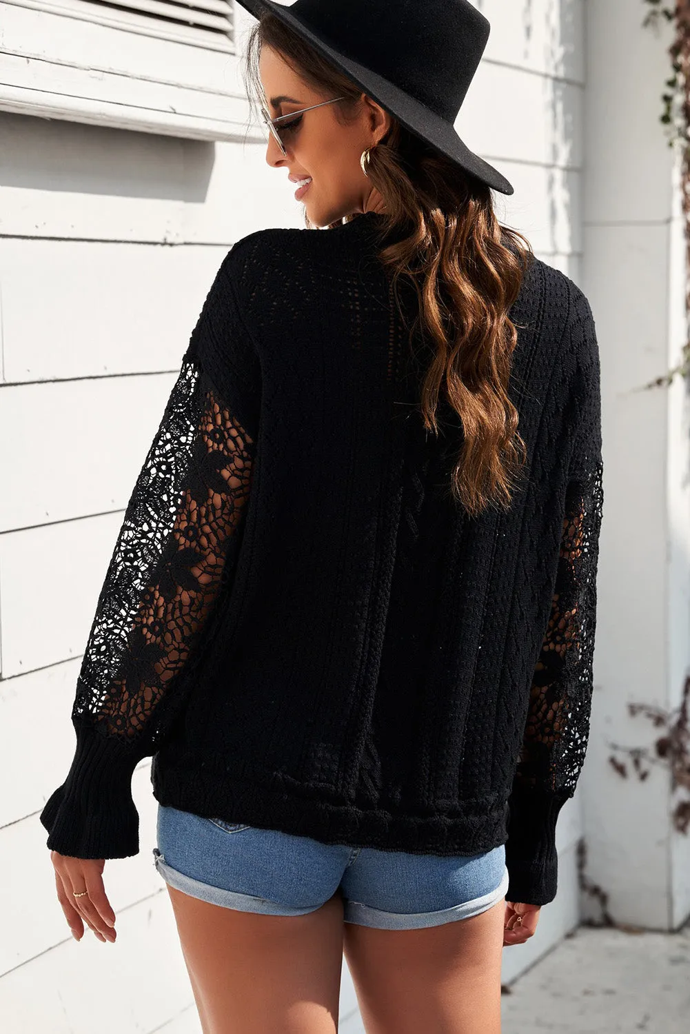 Women's Cozy Openwork Lantern Sleeve Sweater