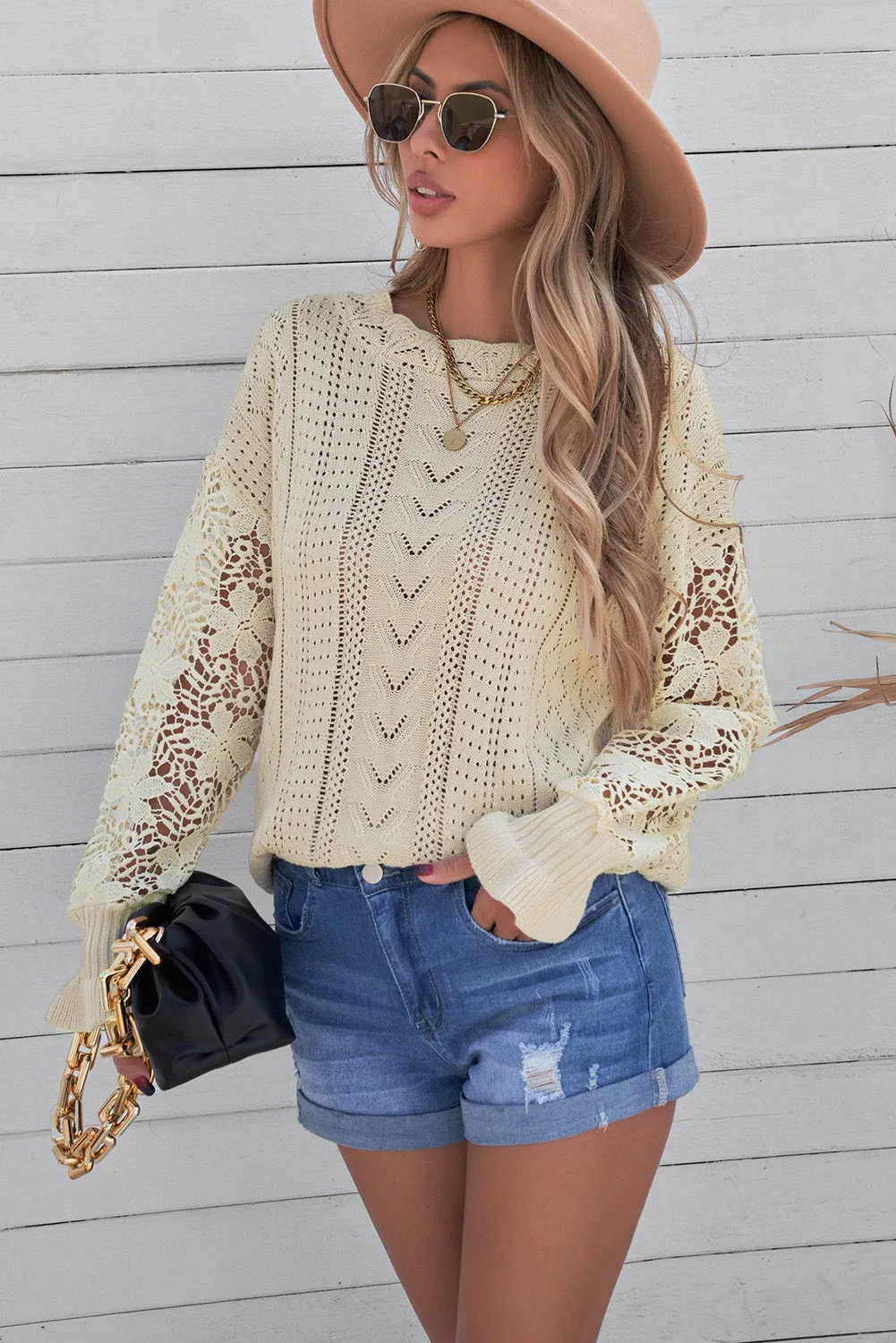 Women's Cozy Openwork Lantern Sleeve Sweater