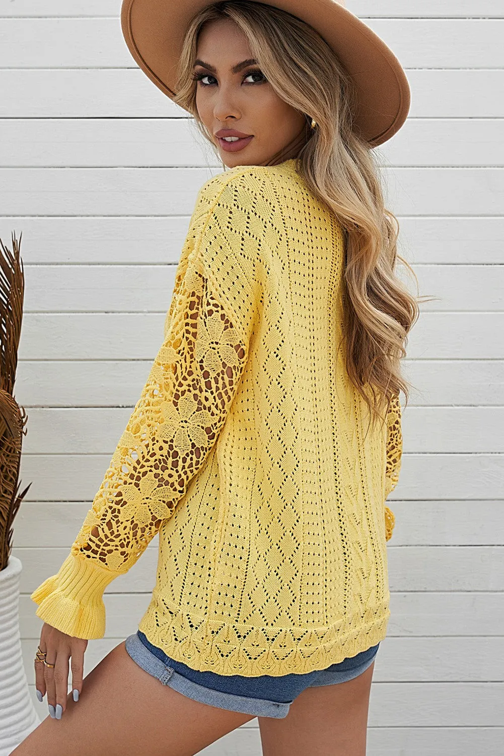 Women's Cozy Openwork Lantern Sleeve Sweater