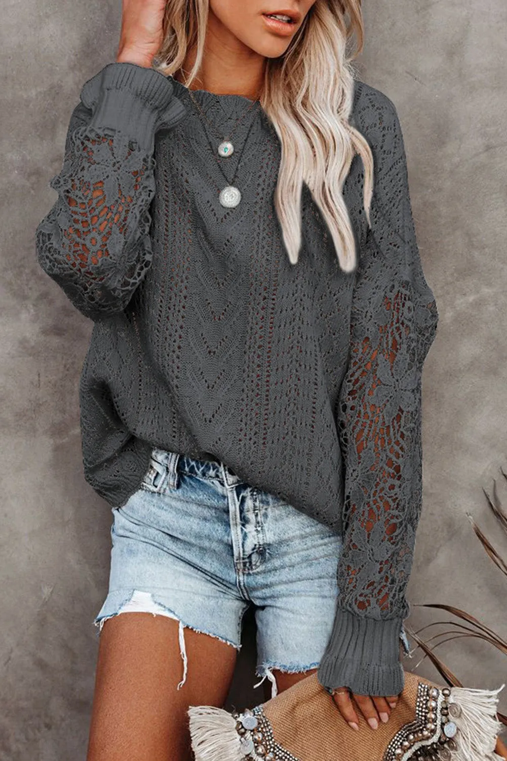 Women's Cozy Openwork Lantern Sleeve Sweater