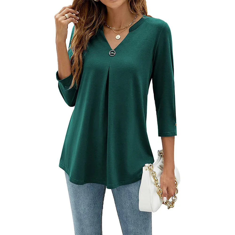 Women's Sleeve Solid Color Clinch Pleated T-shirt Tops