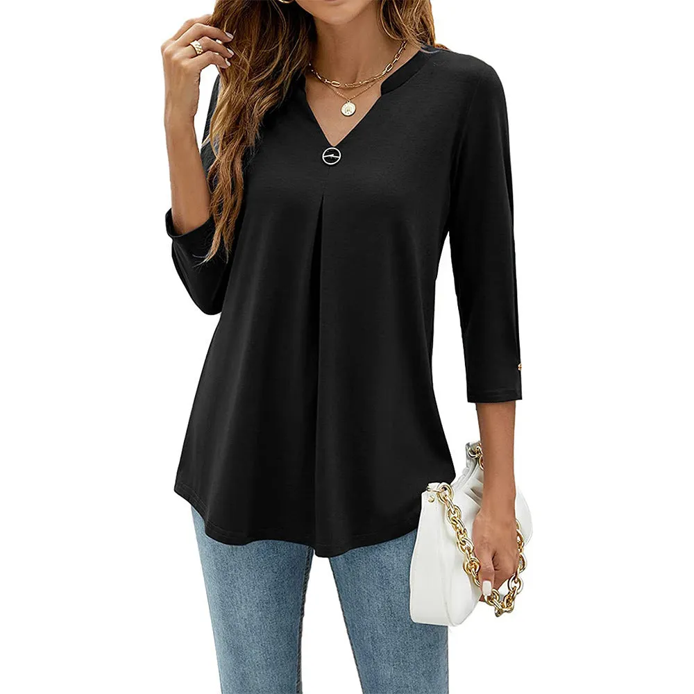 Women's Sleeve Solid Color Clinch Pleated T-shirt Tops